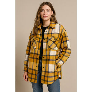 Women's HFX Oversized Plaid Flannel Shacket Jacket Mustard Yellow White Navy